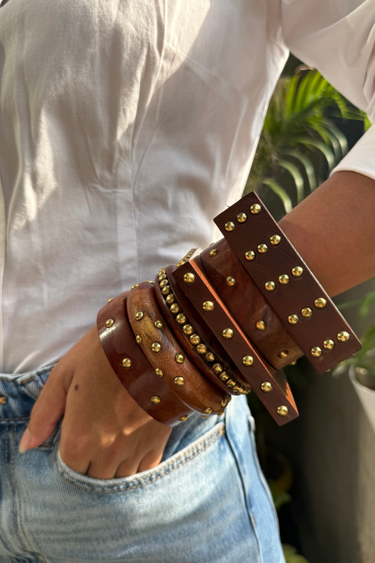 Statement Embossed Wooden Bangles (Stack of 6)