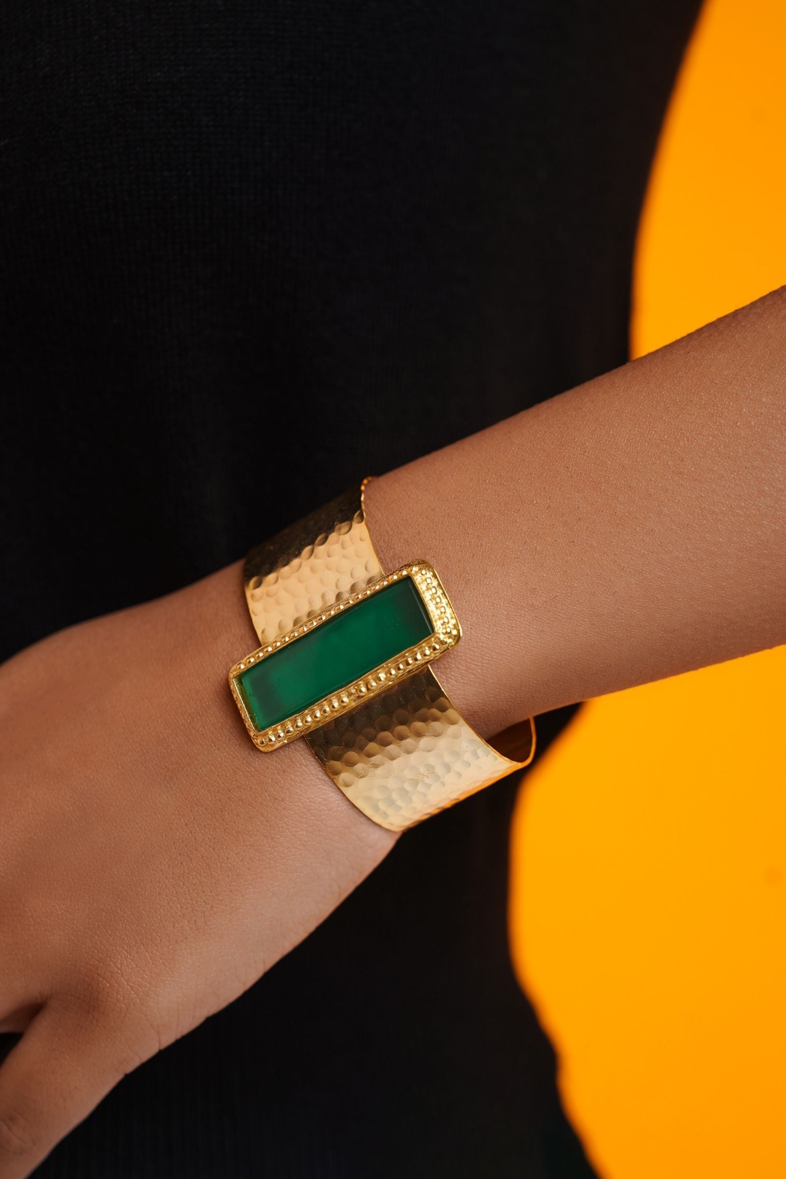 Majestic Gold Textured Emerald Cuff Bracelet