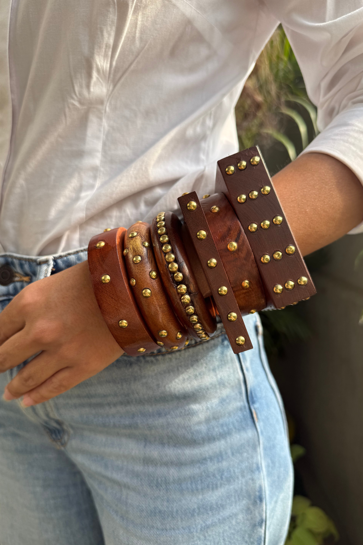 Statement Embossed Wooden Bangles (Stack of 6)