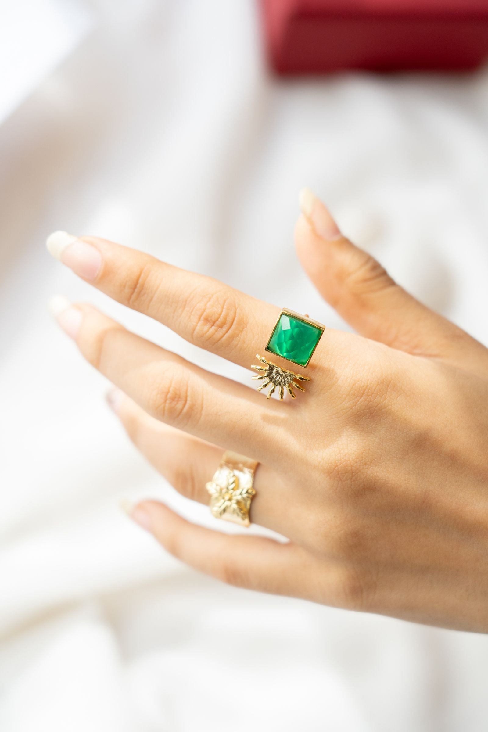 Green Onyx Half Sun Gold Ring