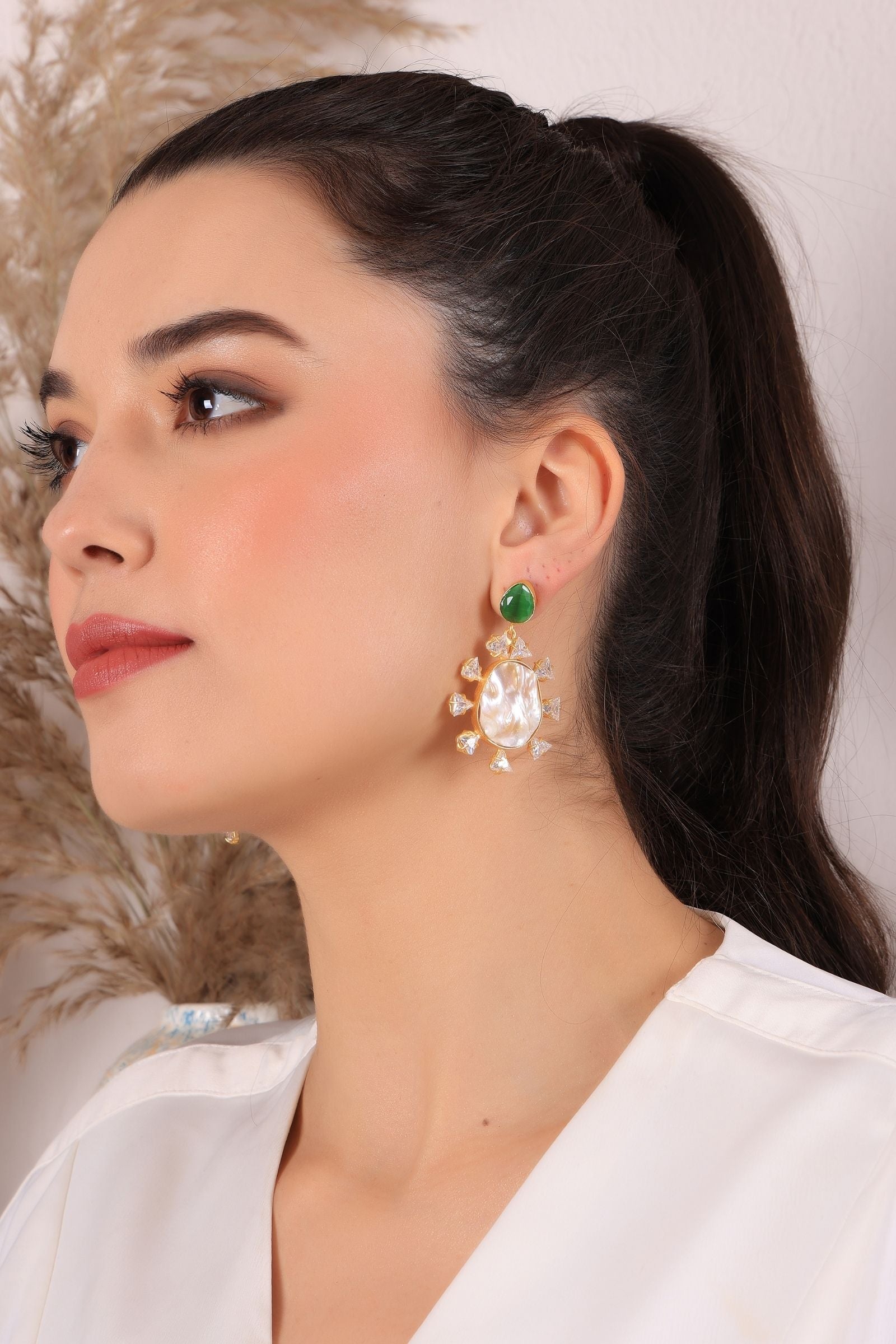 Enchanting Emerald Glow Pearl Earrings - Main Image