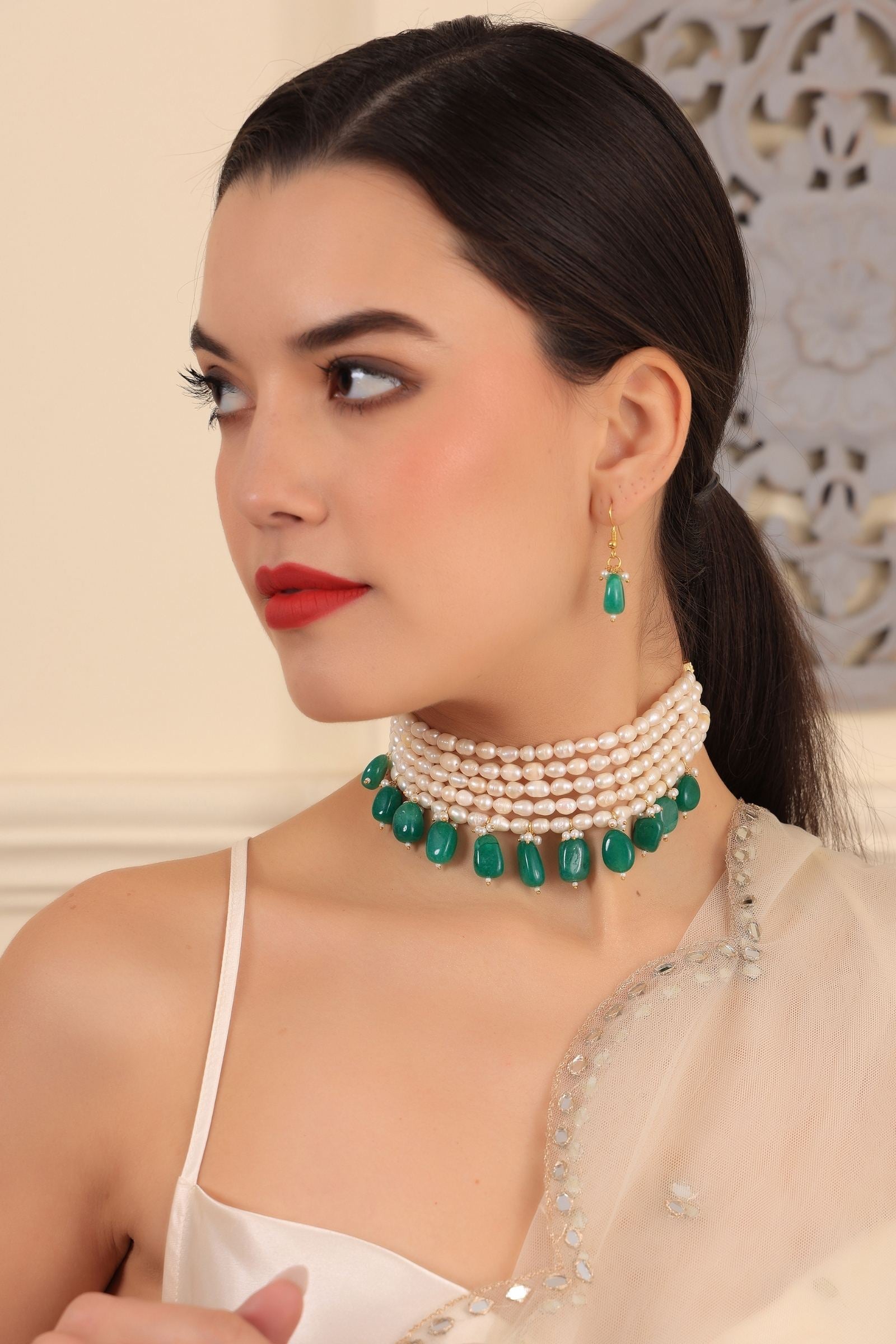 Green Onyx Maharani Pearl Choker Set - Main Image