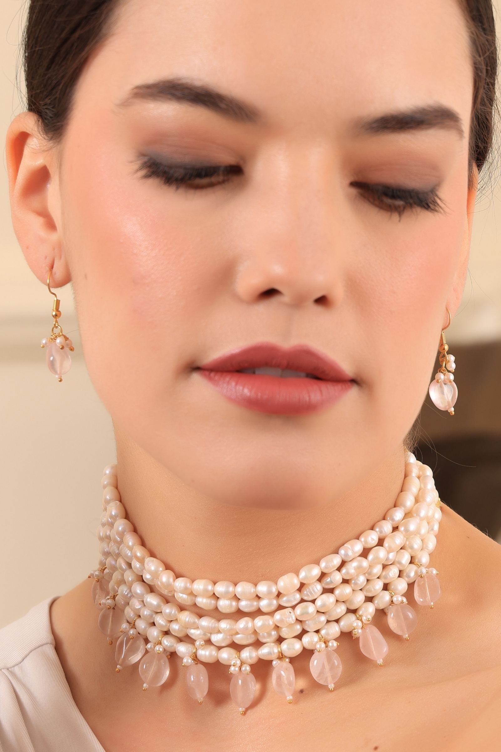 Rose Quartz Maharani Pearl Choker Set