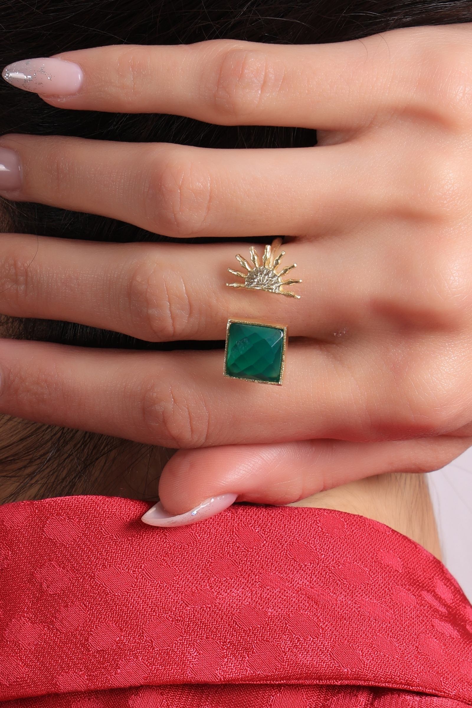 Green Onyx Half Sun Gold Ring