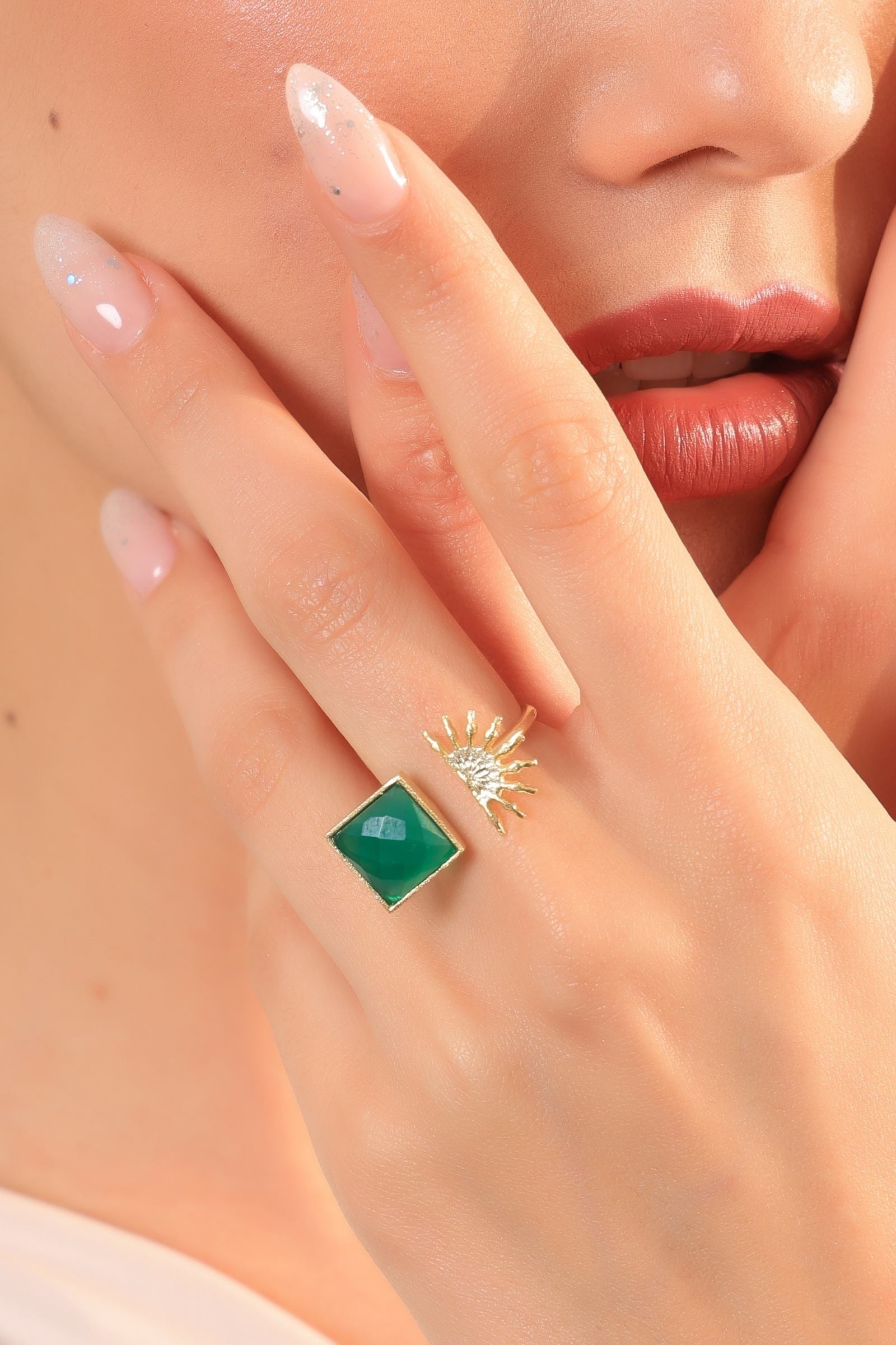 Green Onyx Half Sun Gold Ring