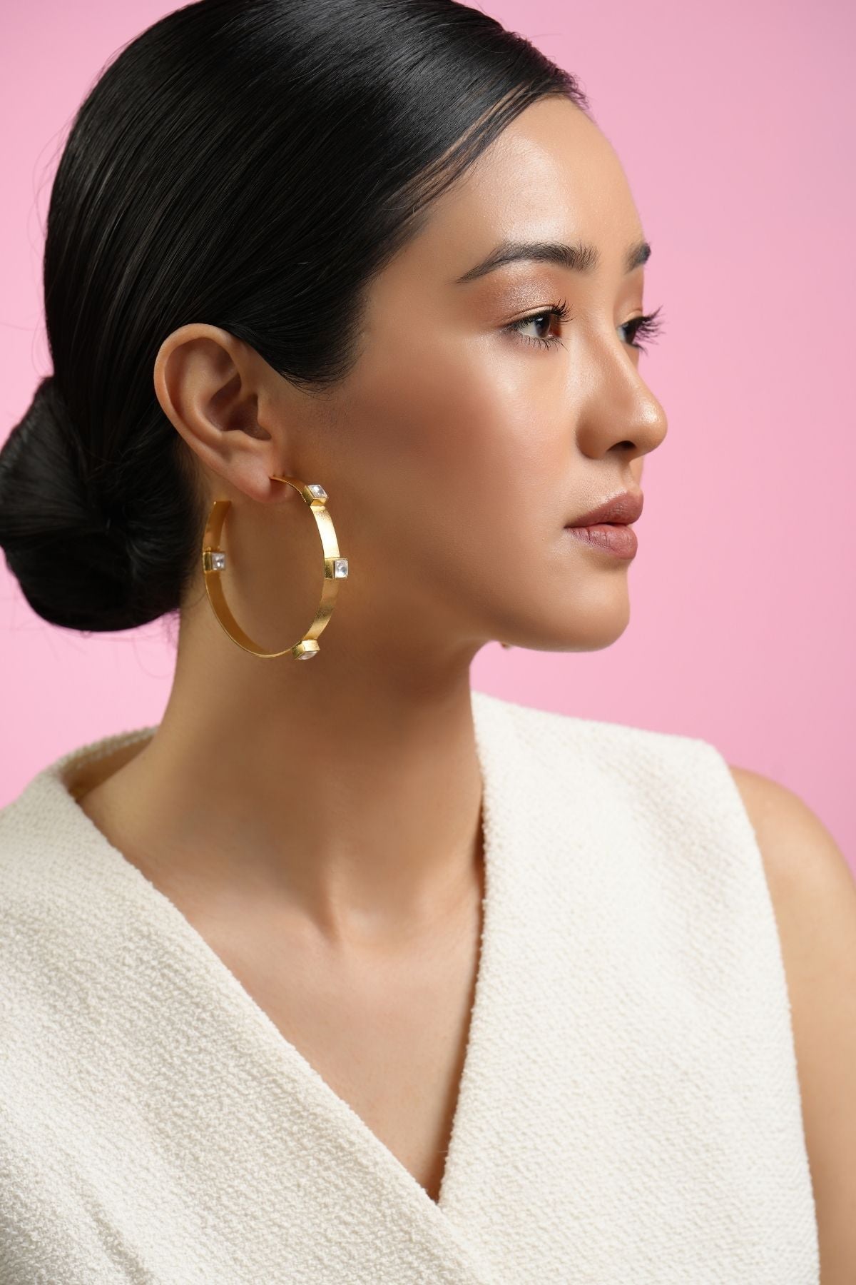 Twinkling Gold Star 22K Hoops- White