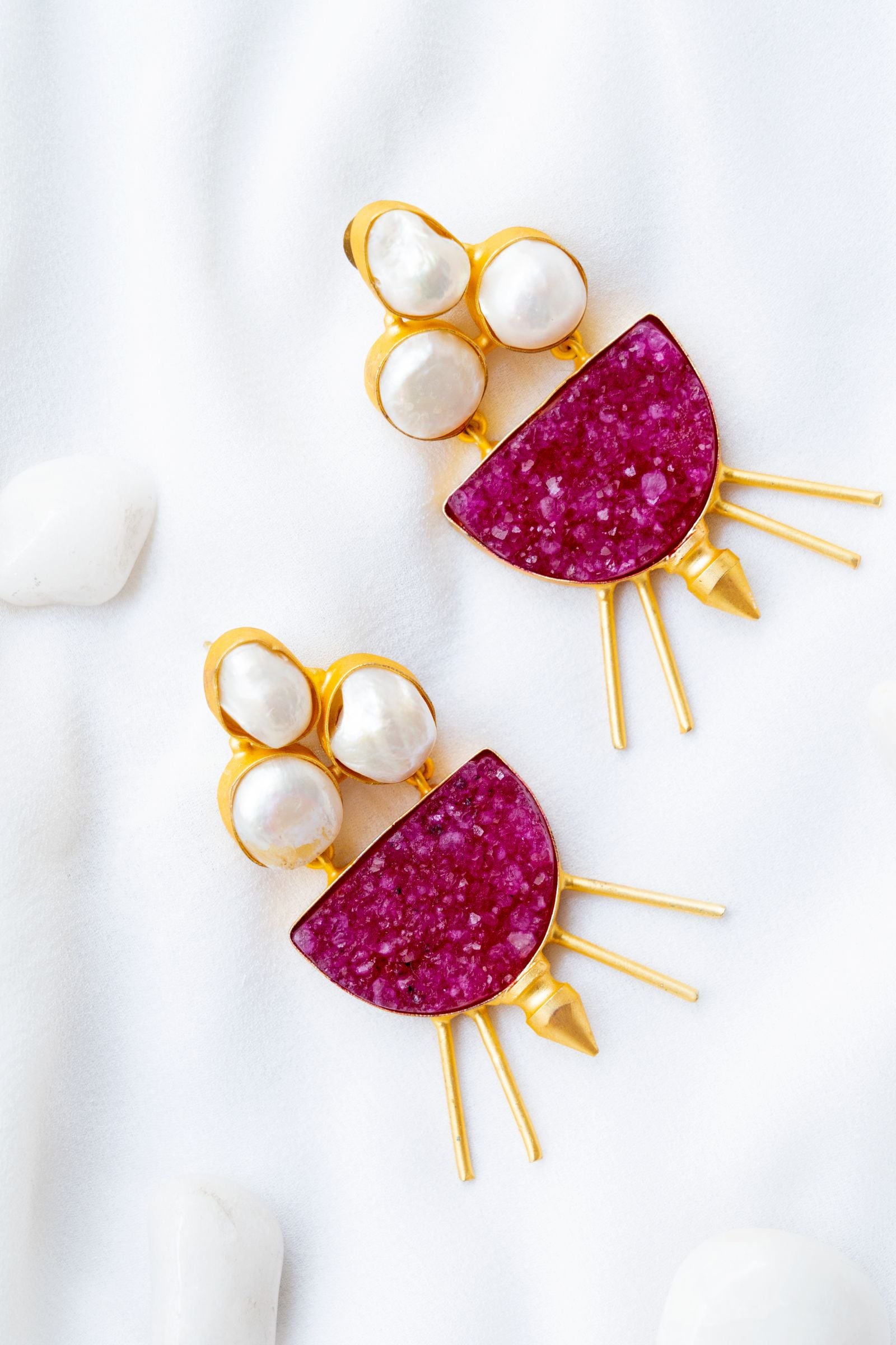 Maroon Druzy Pearl Monochrome Earrings