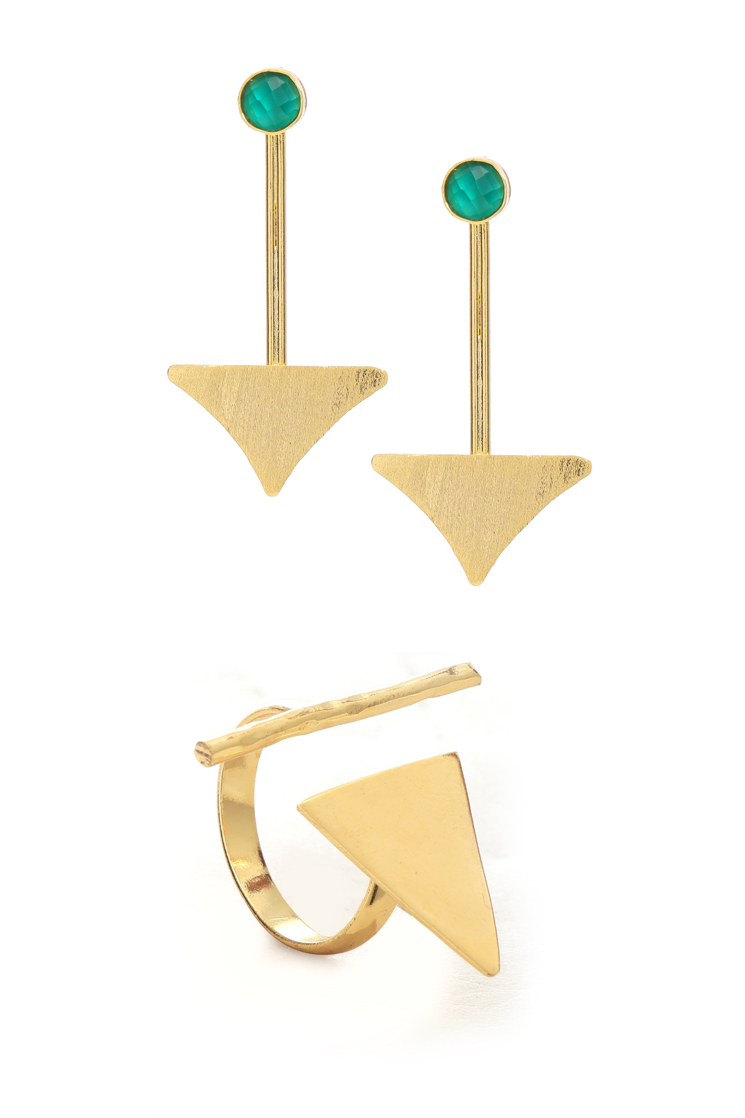 Gold Green Onyx Statement Triangle Duo