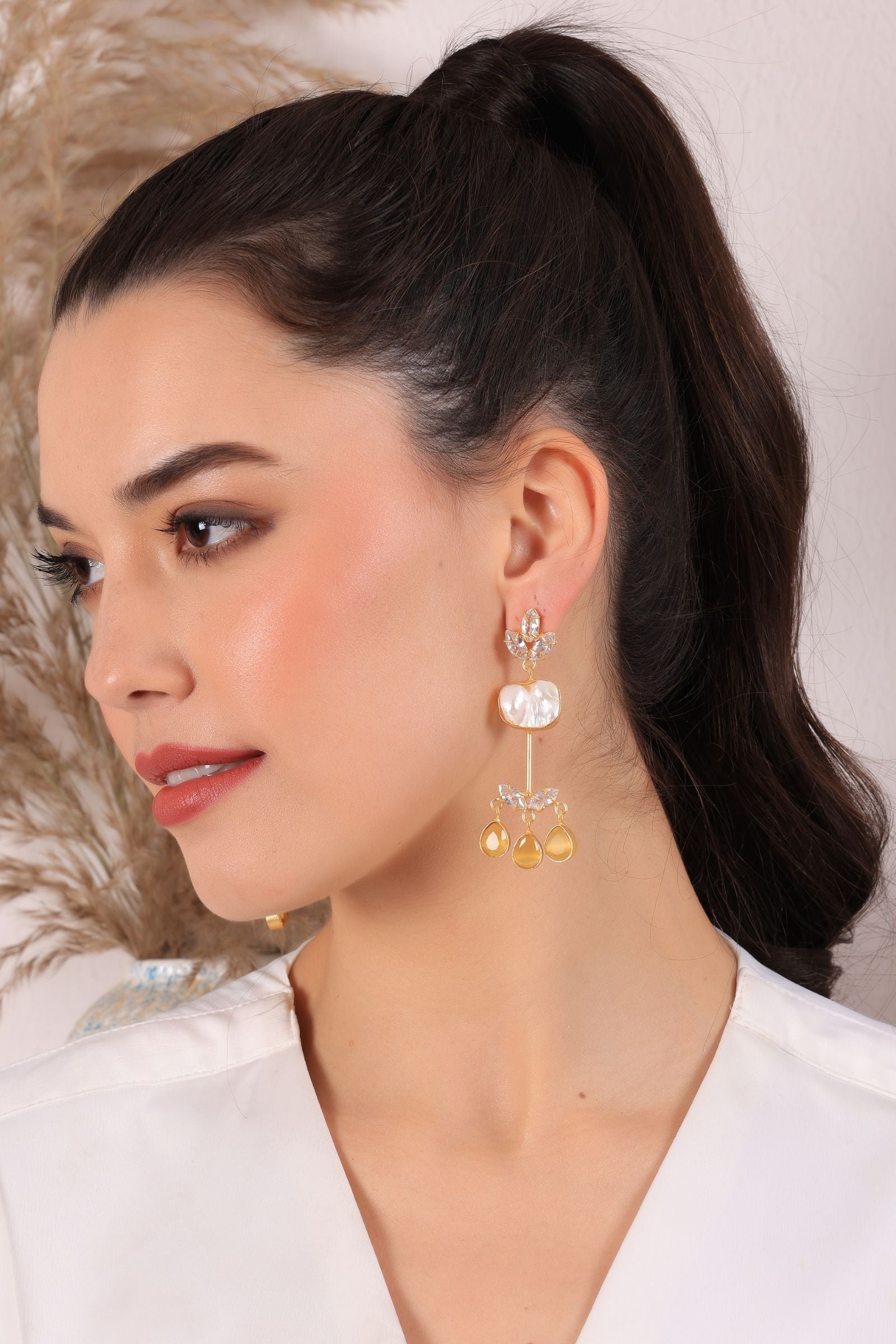 Monalisa Crystal Baroque Pearl Drop Earrings-Yellow