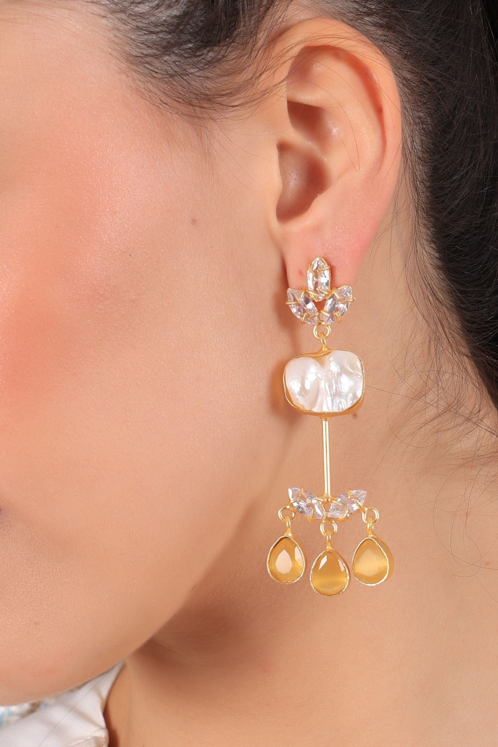 Monalisa Crystal Baroque Pearl Drop Earrings-Yellow