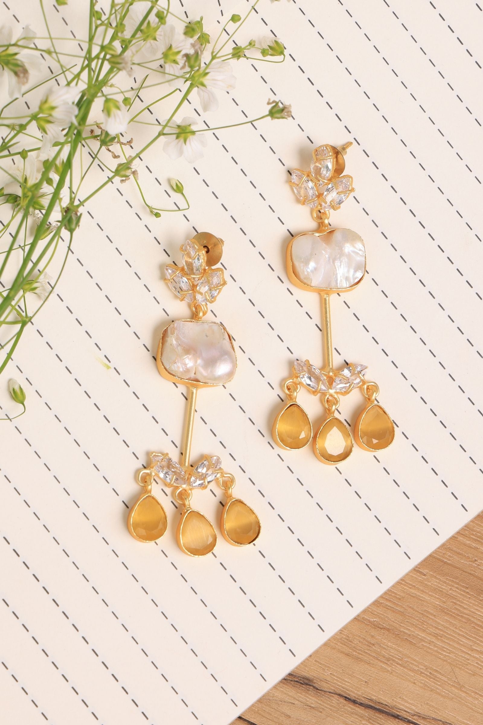 Monalisa Crystal Baroque Pearl Drop Earrings-Yellow