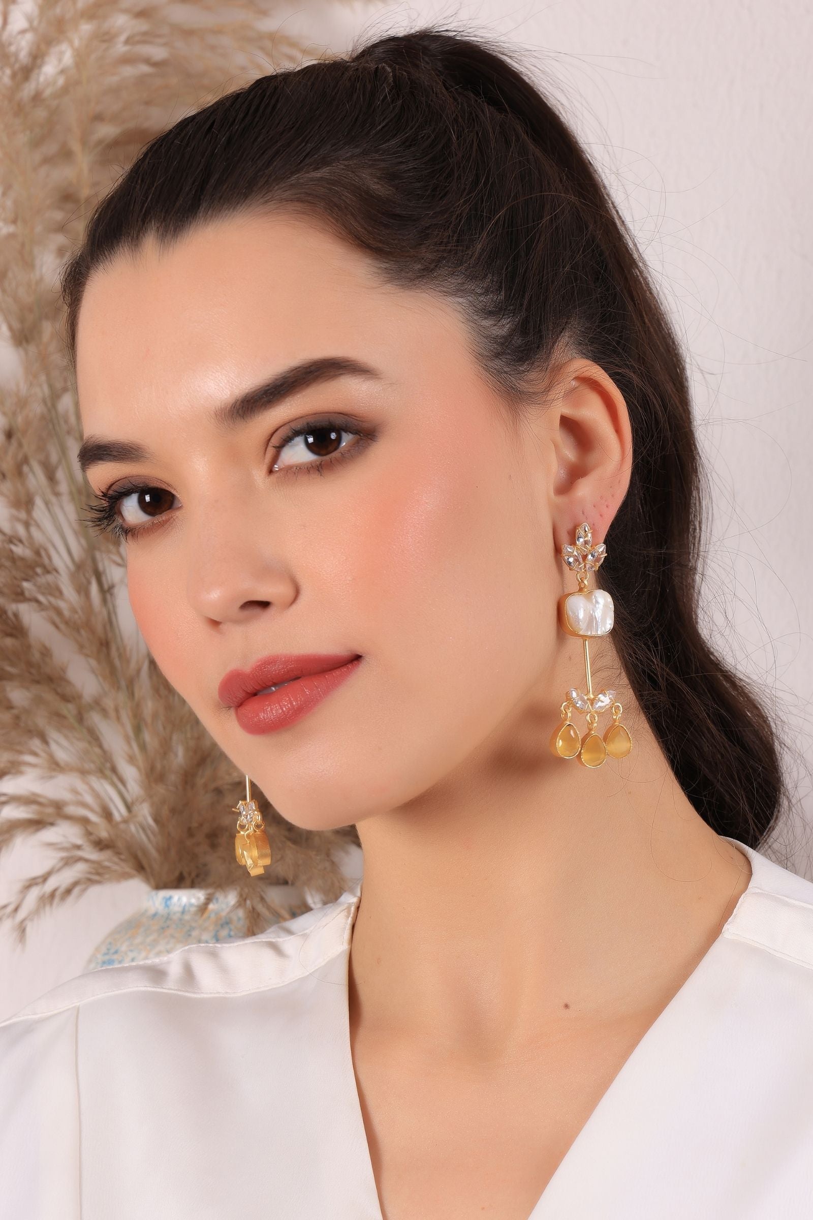 Monalisa Crystal Baroque Pearl Drop Earrings-Yellow