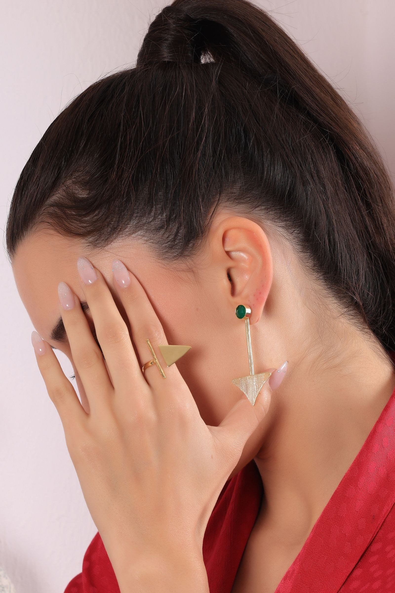 Gold Green Onyx Statement Triangle Duo