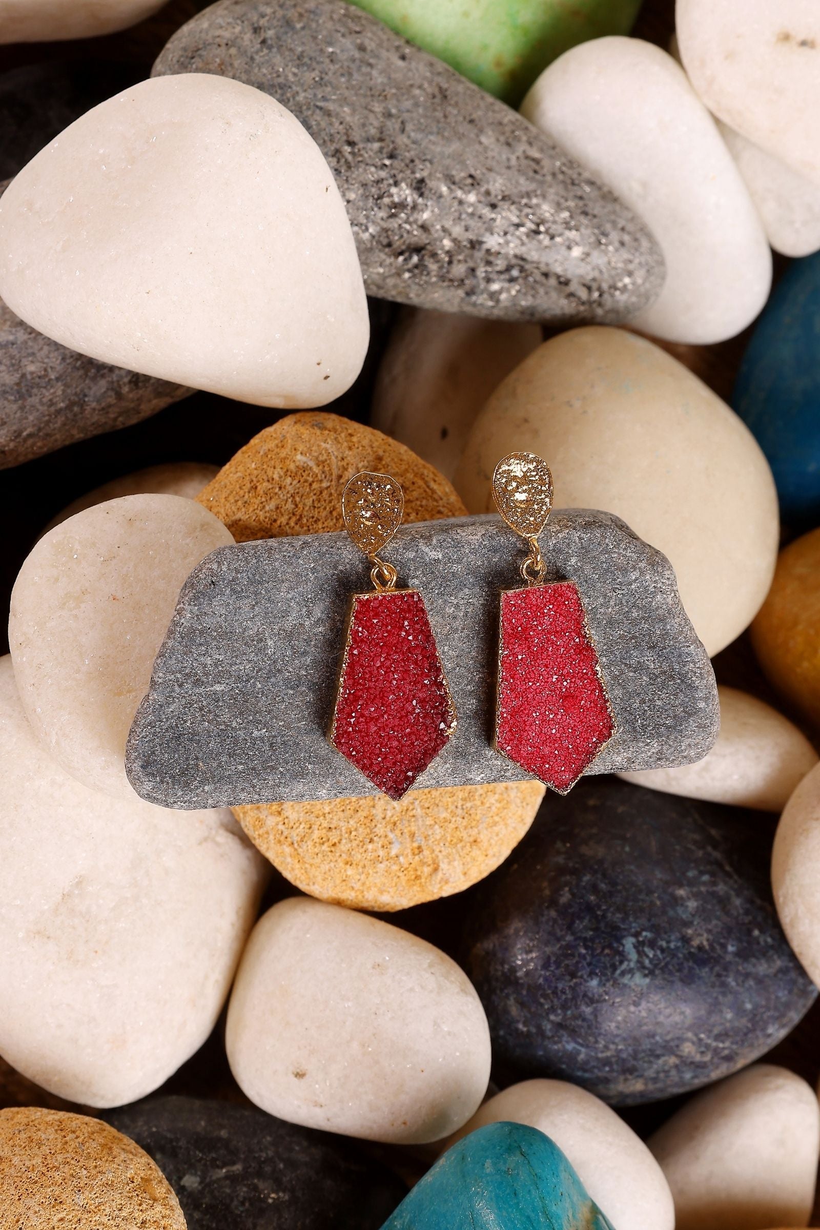 Maroon Druzy Hexagon Drop Earrings