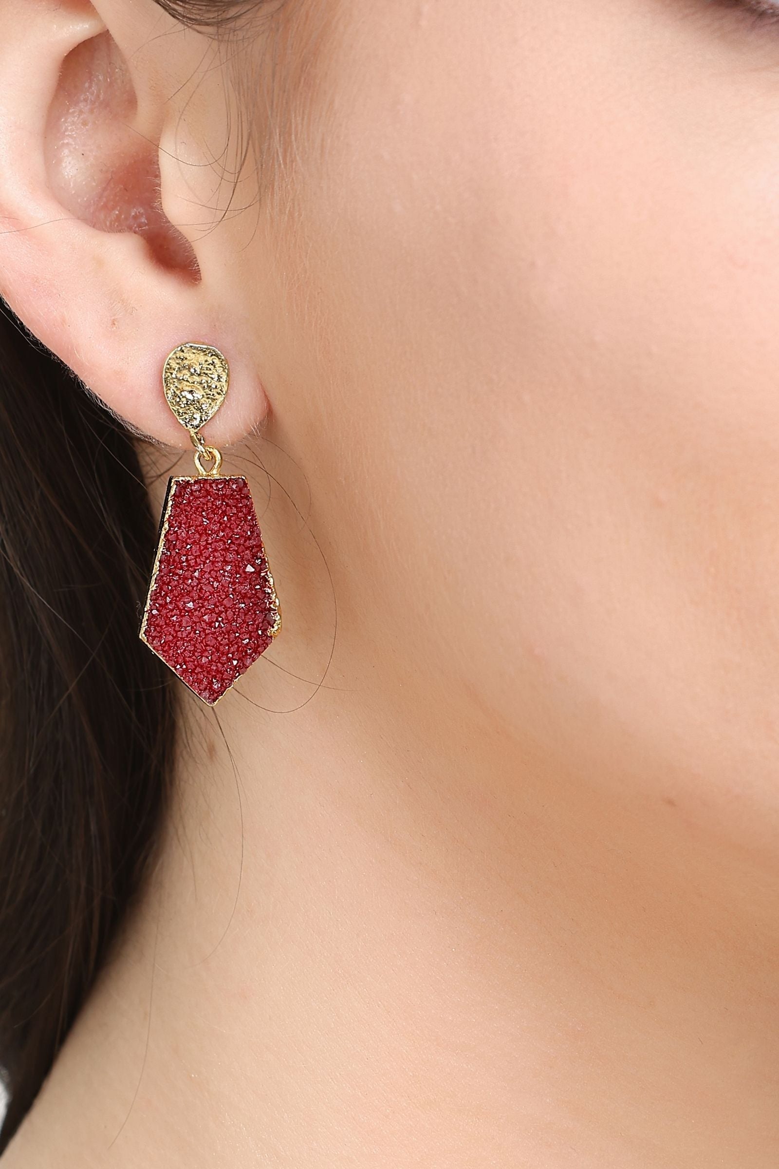 Maroon Druzy Hexagon Drop Earrings