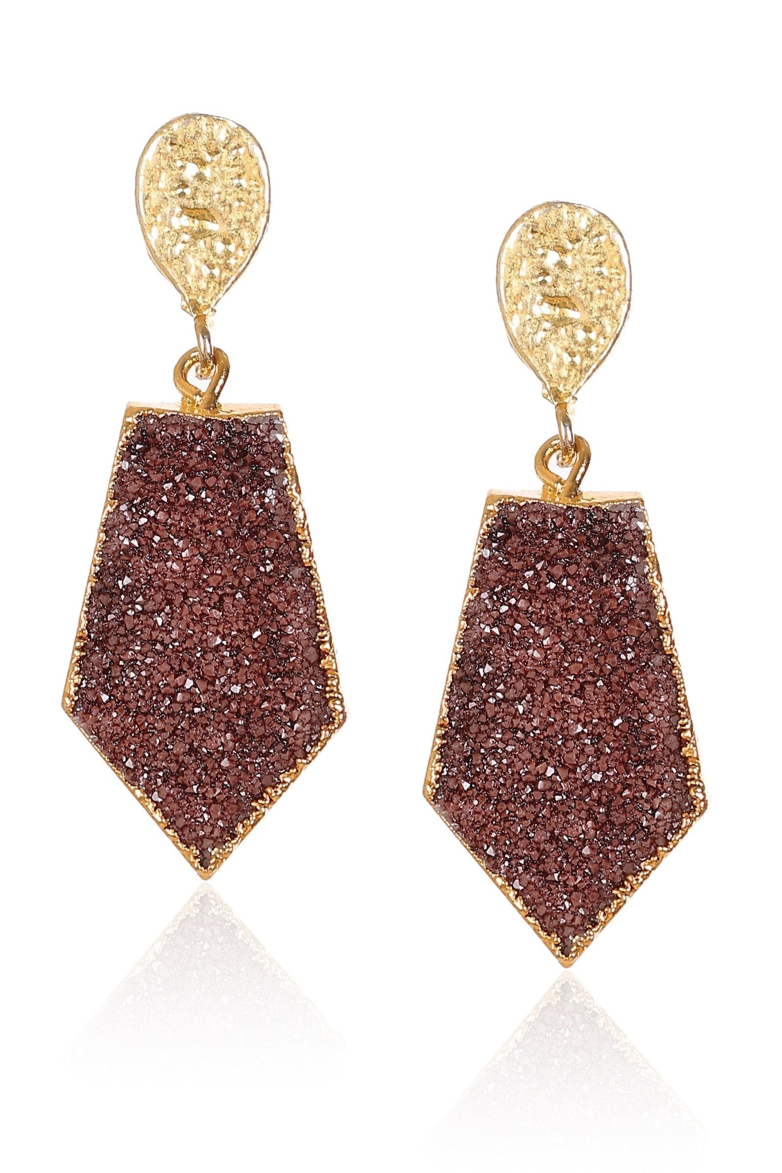 Brown Druzy Hexagon Drop Earrings