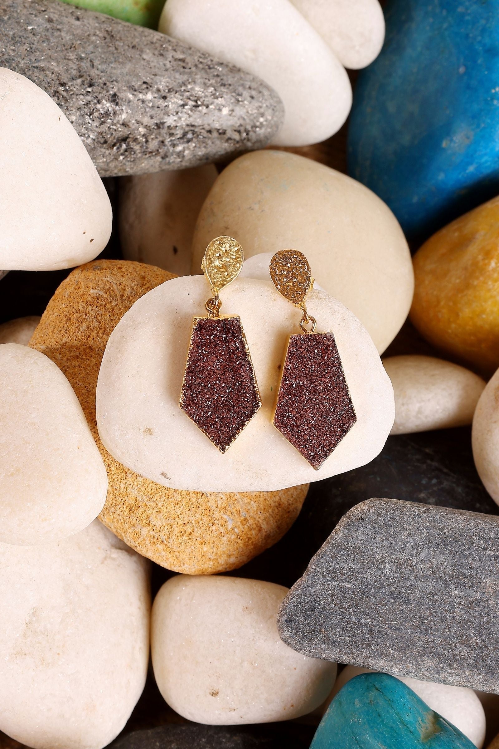 Brown Druzy Hexagon Drop Earrings