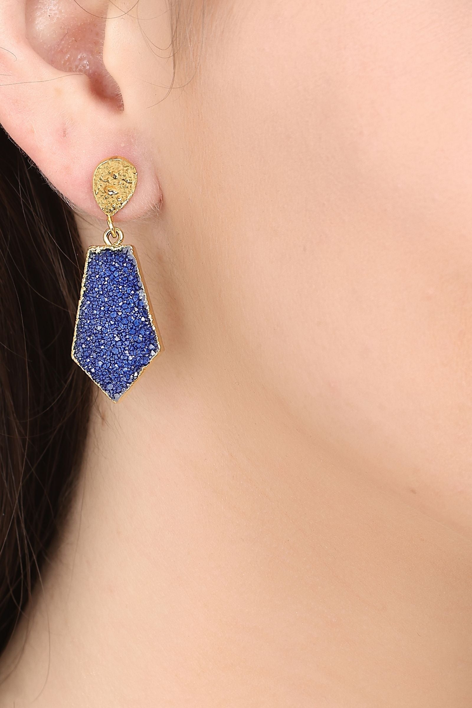 Blue Druzy Hexagon Drop Earrings