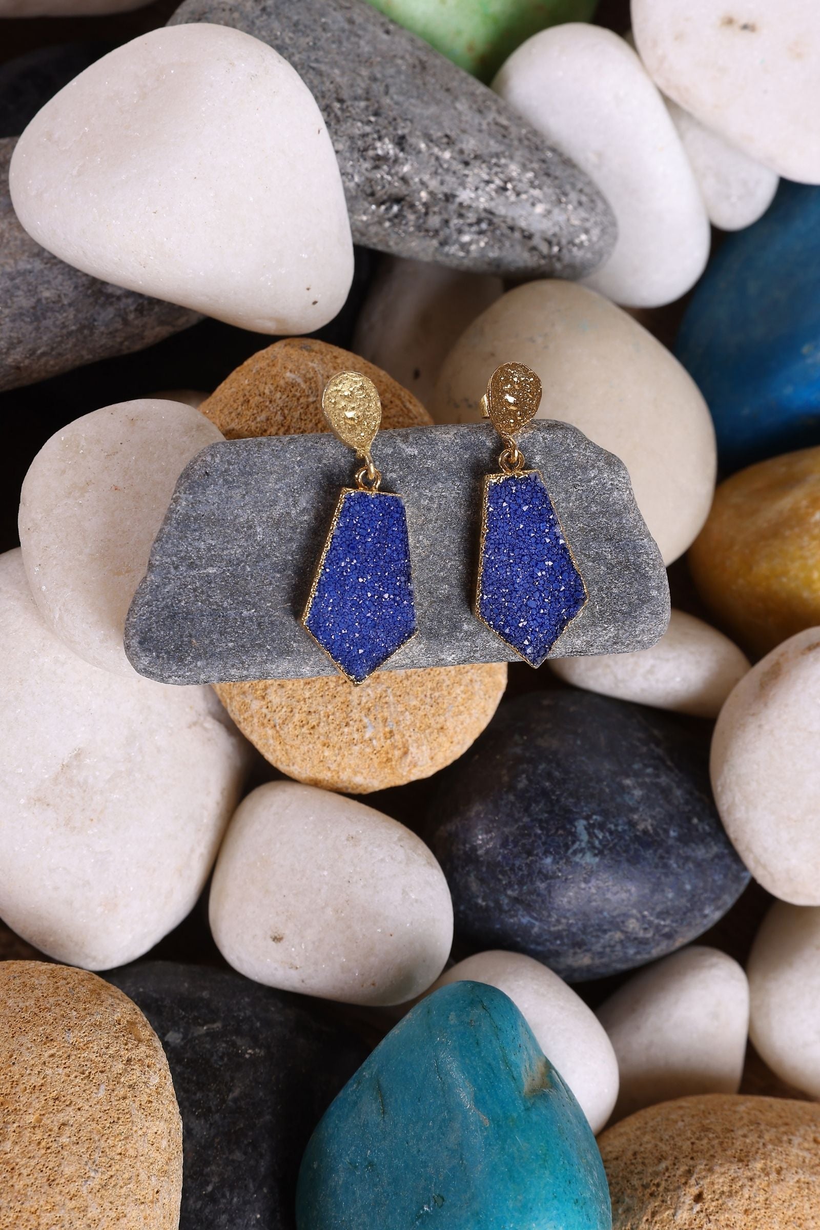 Blue Druzy Hexagon Drop Earrings