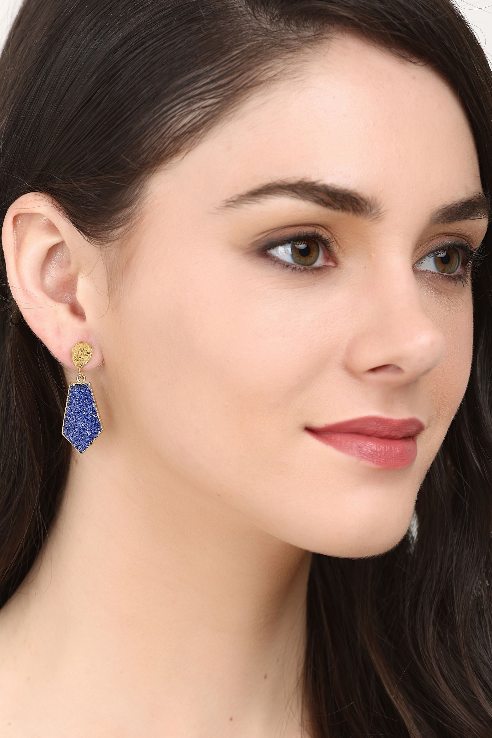 Blue Druzy Hexagon Drop Earrings