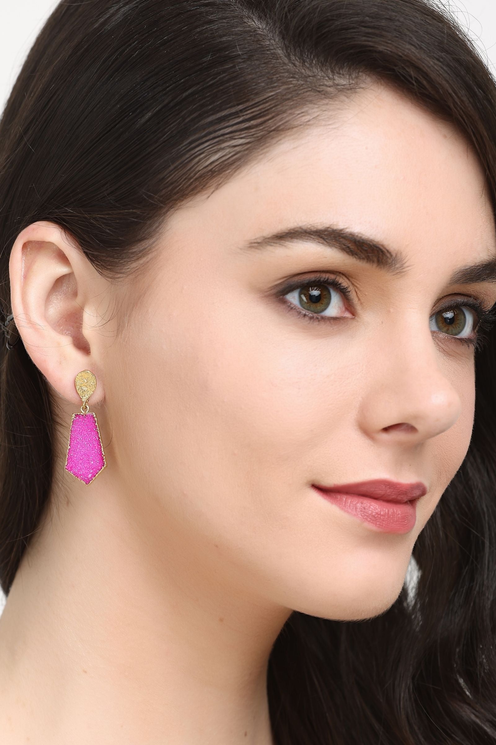 Pink Druzy Hexagon Drop Earrings