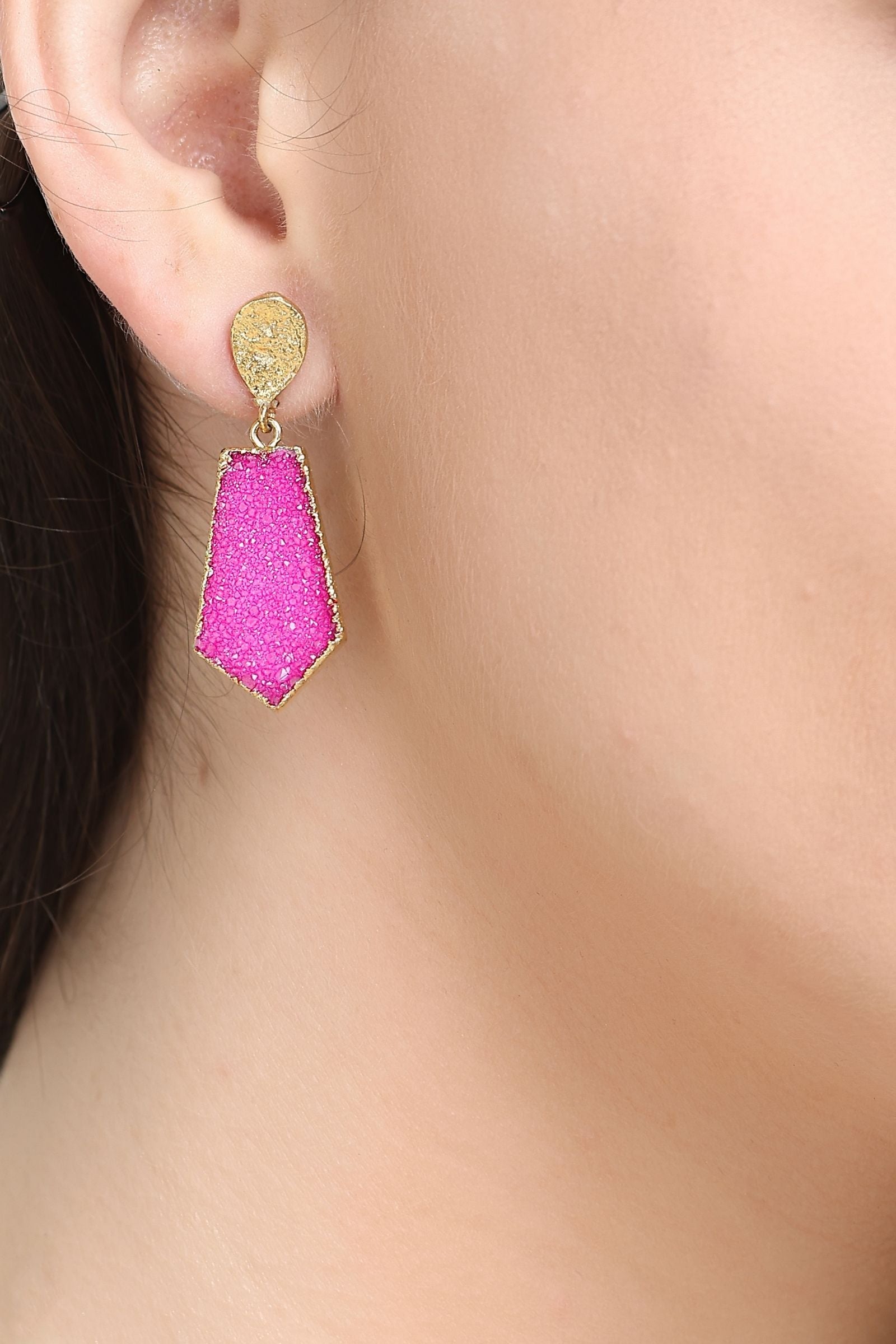 Pink Druzy Hexagon Drop Earrings