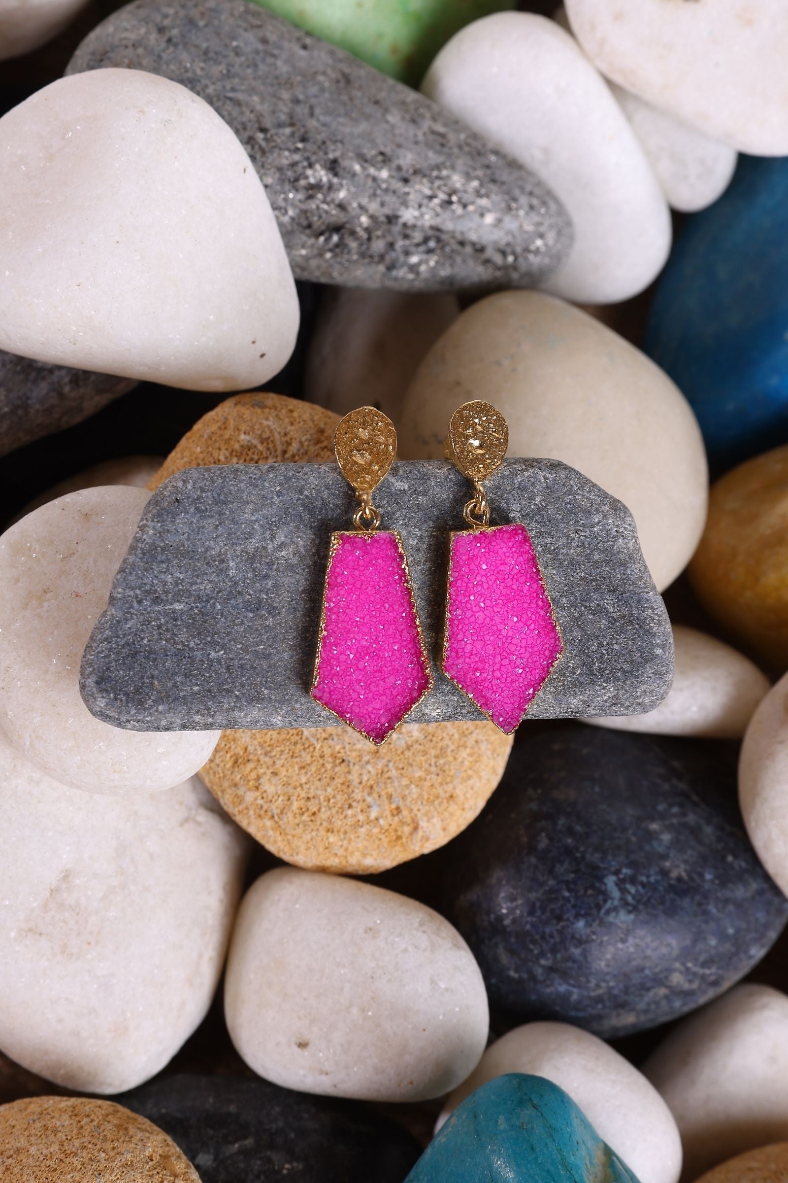 Pink Druzy Hexagon Drop Earrings