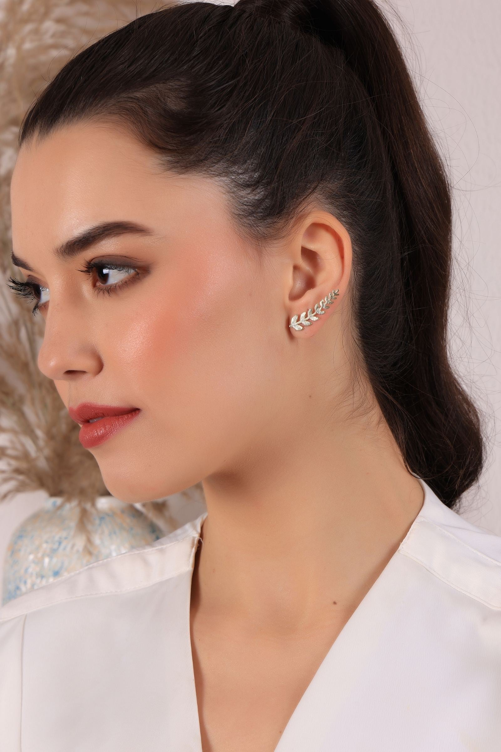 Gold Leaf Climber Stud Earrings