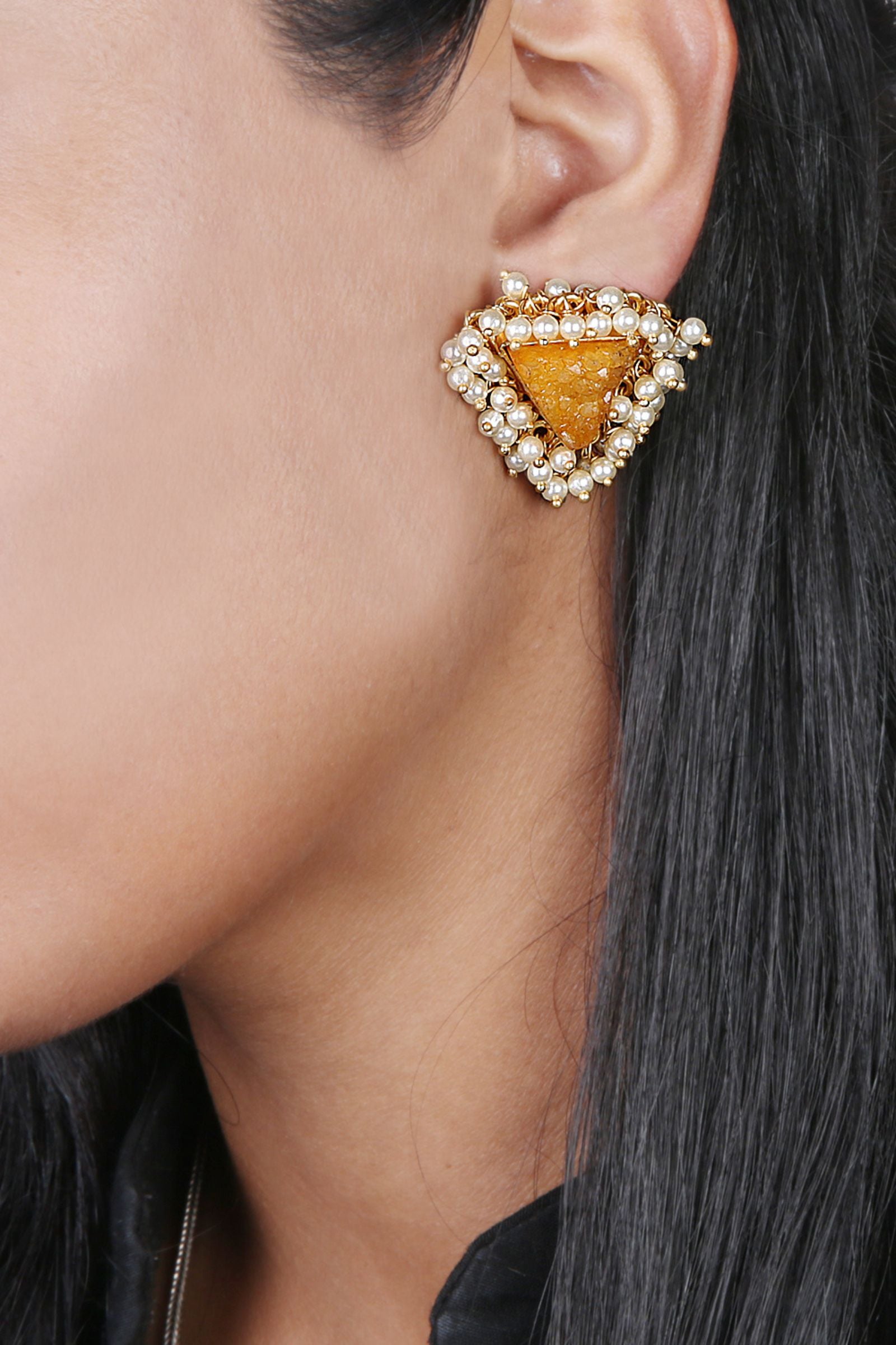 Yellow Druzy Pearl Studs