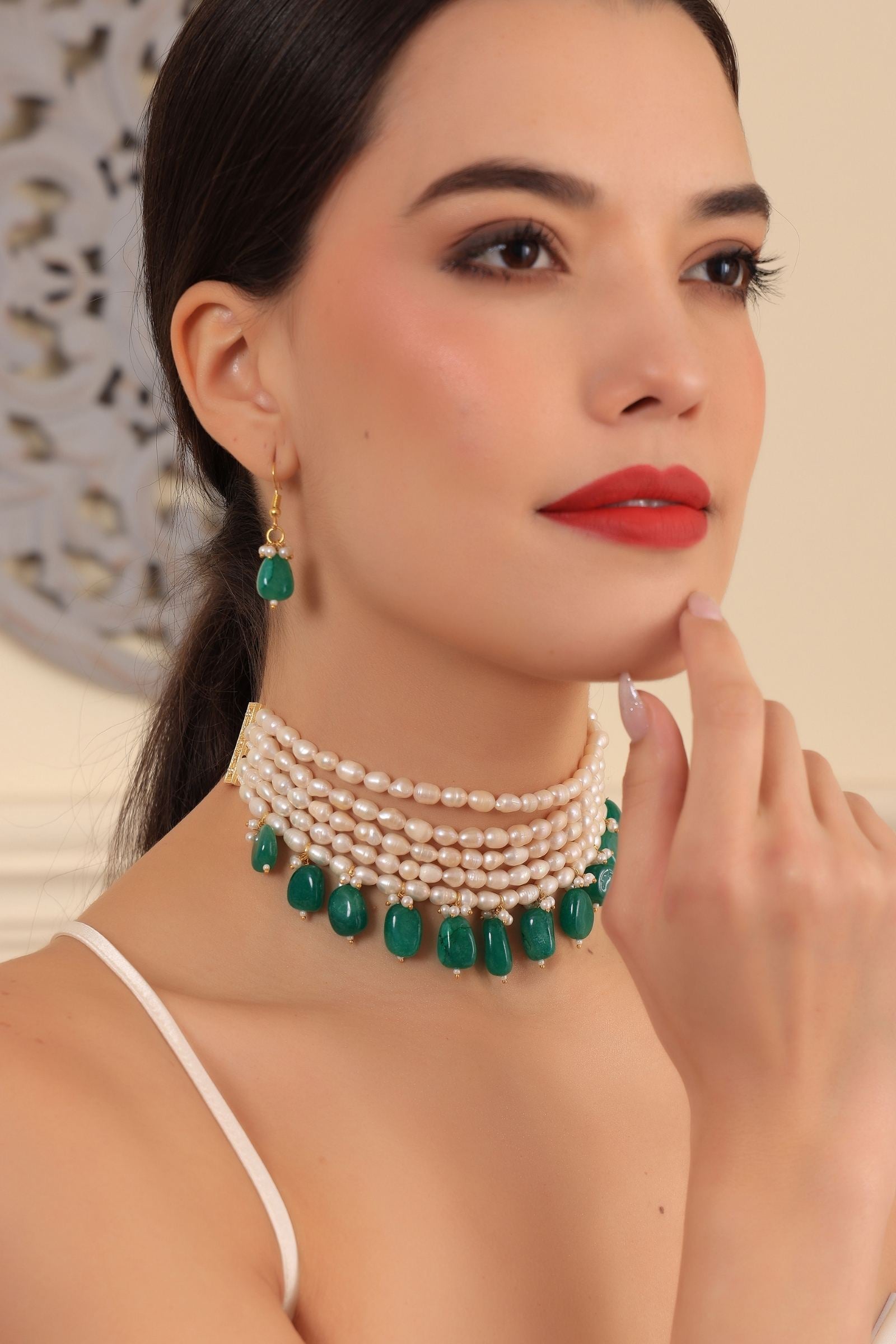 Green Onyx Maharani Pearl Choker Set