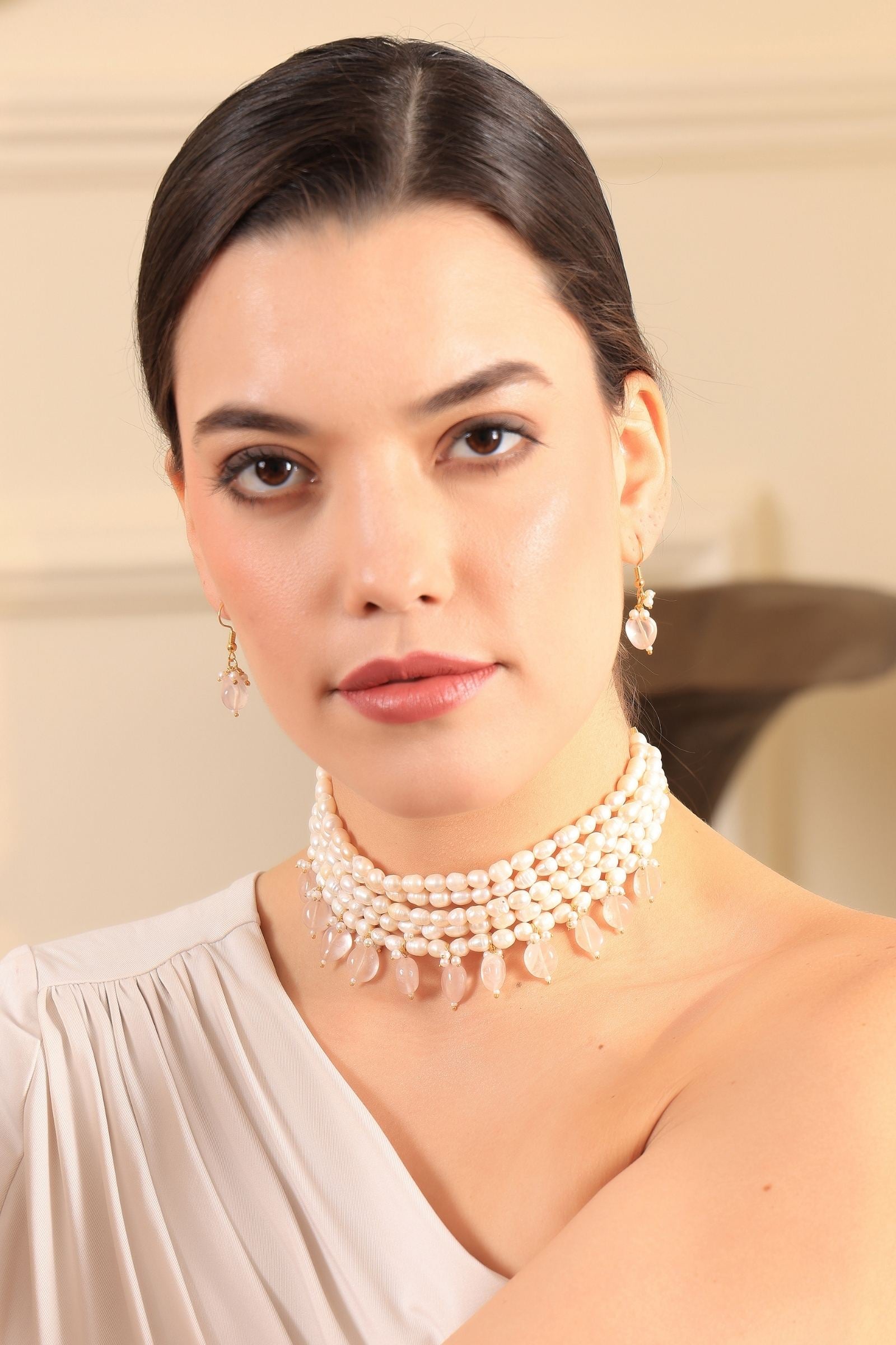 Rose Quartz Maharani Pearl Choker Set